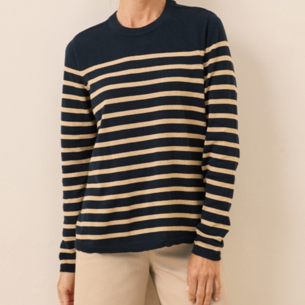 Organic Classic Fine Knit Crew Sweater - Navy and Cream